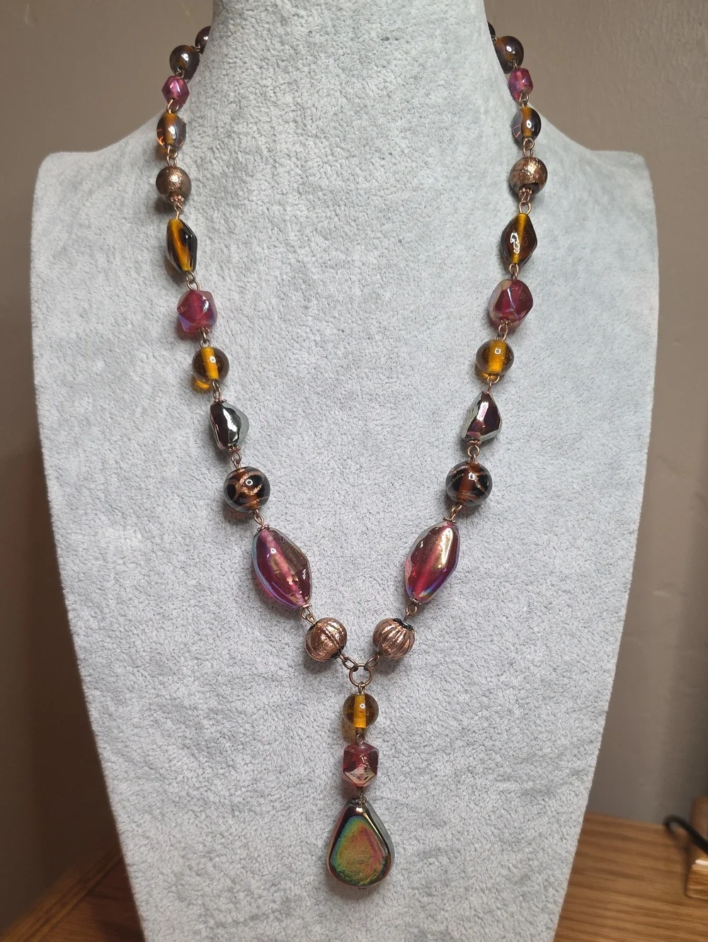 Boho Artisan Glass & Iridescent Tear Drop Y-Necklace